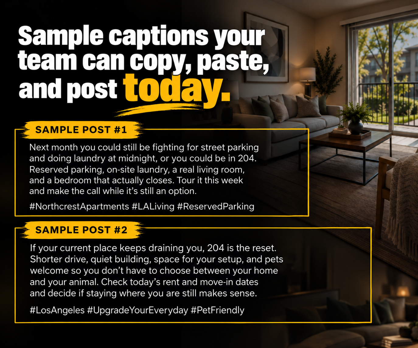 Sample captions your team can post tomorrow: two ready-to-copy social posts for a vacant unit.